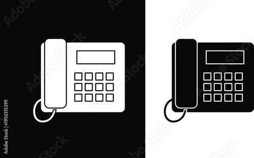 Black and White Icons of a Landline Telephone with Keypad and Handset symbol communication