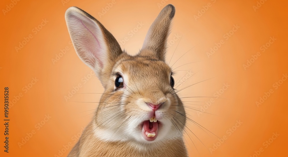 Obraz premium A close up portrait of a cute brown rabbit with a surprised expression on a vibrant orange background