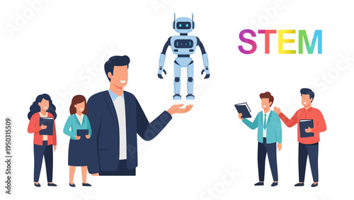 STEM Education: A visionary educator showcases the cutting-edge technology of a robot to a group of inspired learners, embodying the future of science, technology, engineering, and mathematics.