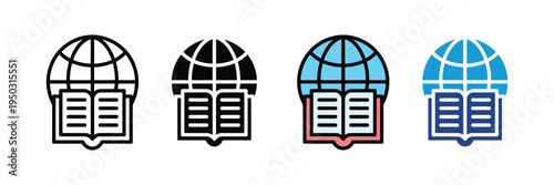 Global education and online learning icon set. Open book with world globe symbol, international knowledge, and digital library icons. Vector Illustration.