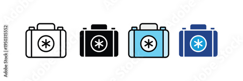 Medical first aid kit and emergency medical bag icon set. Healthcare, pharmacy, and medical assistance symbols. Vector Illustration.