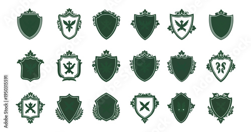 Decorative shield emblems set on dark background with heraldic designs