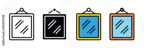 Square hanging wall mirror icon set. Interior home decor, bathroom mirror, and reflection glass symbols. Vector Illustration.