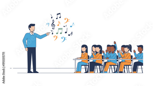 Harmonious Symphony: An animated scene capturing a music class where the instructor guides the students. The animated scene includes notes flowing from the instructor’s direction.