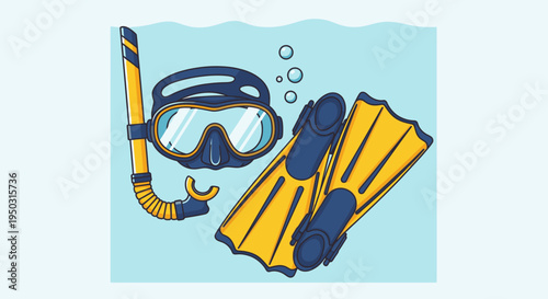 Underwater scene with snorkeling gear including a mask, snorkel, and yellow fins, ready for aquatic exploration.