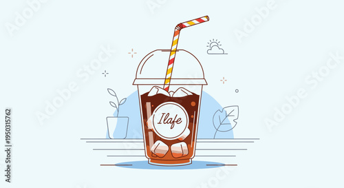 Iced coffee drink in a clear plastic cup with a striped straw and ice cubes, surrounded by minimalist line art elements.