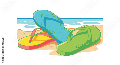 Three colorful flip-flops, yellow, blue, and green, resting on a sandy beach with the ocean waves in the background, depicting a summer vacation scene.