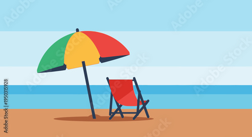 A vibrant flat illustration of a beach scene with a colorful umbrella and a red lounge chair by the ocean under a clear blue sky.