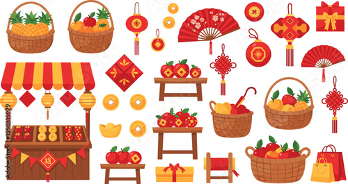 Chinese New Year Festival Market Stall Vector Set with Lanterns Fruit Baskets Pineapple Apples Gold Coins Red Decorations and Traditional Holiday Elements