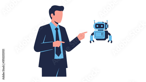 AI and the Executive: A man in a suit is introducing an AI robot to the world, exploring the world of artificial intelligence. 
