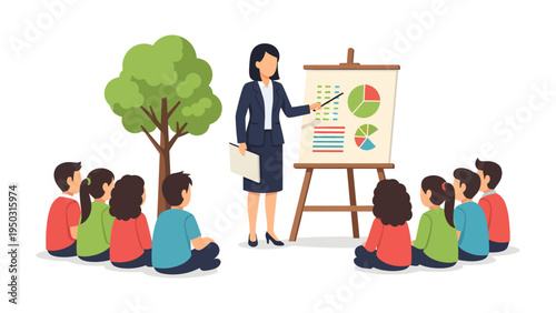 Teacher Guiding a lesson : An illustration shows a teacher leading a lesson, surrounded by her attentive students, in a lively learning environment.
