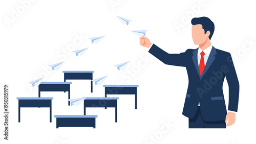 Visionary Leadership: A sharp dressed leader with a vision, guiding a flight of paper planes over a series of desks, representing strategic planning and future endeavors.