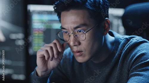 Asian man with glasses concentrating intently on computer screen at night