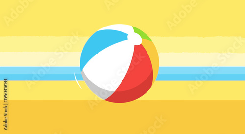 A vibrant red, white, blue, and green beach ball rests on a golden sandy background with a horizontal blue stripe, evoking summer fun.