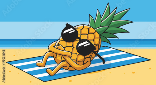 A cartoon pineapple character wearing sunglasses and relaxing on a striped beach towel on a sandy beach with the ocean in the background.