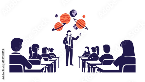 Astronomy Class Illustration: A teacher captivating a classroom of students with an engaging presentation on celestial bodies, as their minds reach for the stars.