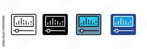 Audio equalizer and music player interface icon set. Sound wave frequency, volume control slider, and digital media playback symbols. Vector Illustration.