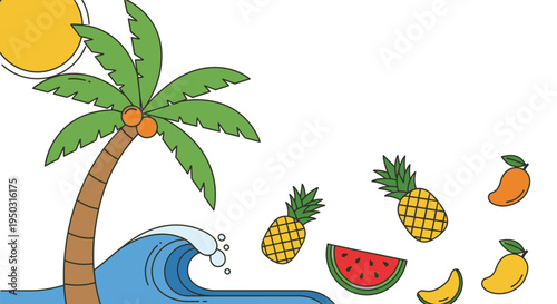 A vibrant cartoon illustration depicting a tropical beach scene with a palm tree, ocean wave, sun, and an assortment of exotic fruits like pineapples, mangoes, watermelon, and bananas.