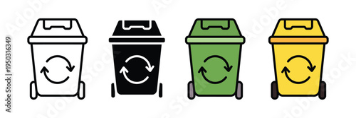 Recycle bin with wheel icon set. Waste management, garbage sorting, and environmental sustainability symbols. Vector Illustration.