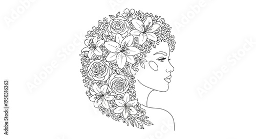 Woman with Floral Hairdo Line Art.