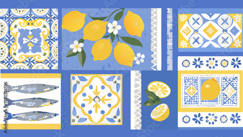 A colorful arrangement of lemons and traditional portuguese tile patterns