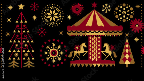 Festive illustration featuring a carousel christmas tree and decorative stars