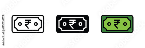 Indian Rupee currency note icon set. INR cash money, banking finance, and India's economy symbols. Vector Illustration.