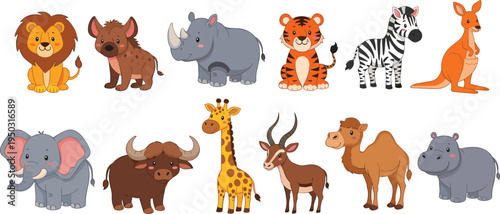 Cartoon Safari Animals Collection Lion Zebra Giraffe Elephant Vector Illustration Set