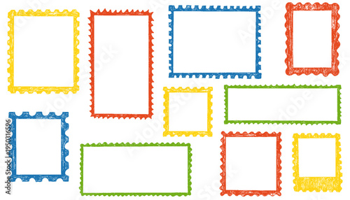 Crayon stamp frames set. Hand drawn vintage coastal borders, colorful postal stamps. Squiggl whimsical rippled frames for menu, wedding invitation, party. Vector kids pastel doodle rectangle shape