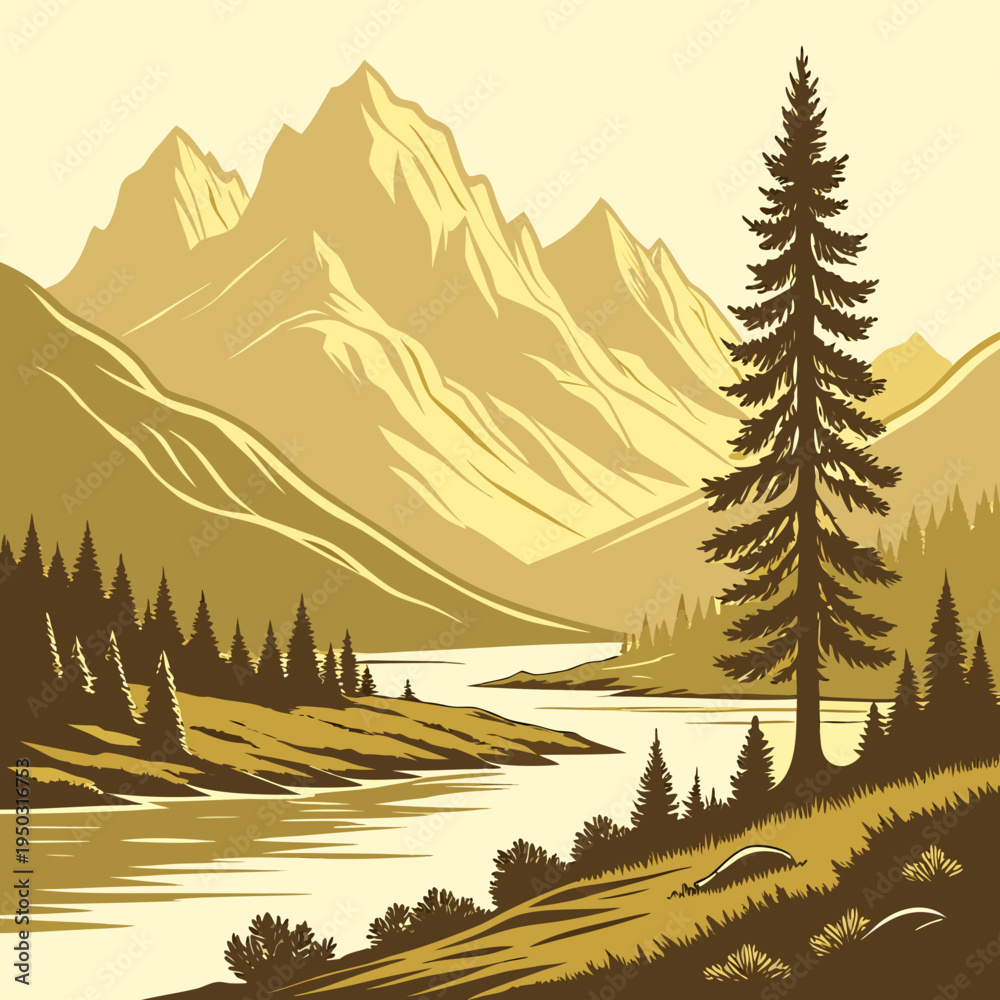Fototapeta premium A mountain landscape with a lake and trees
