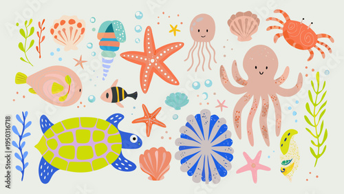 Colorful illustration of various marine life and ocean elements