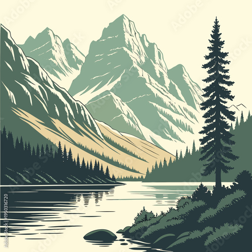 A mountain range with a lake and a tree