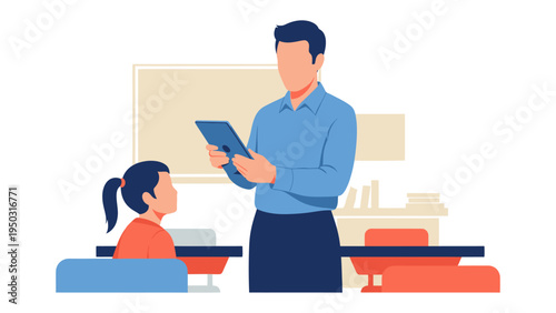 Classroom Interaction: An illustration of a teacher instructing a student in a classroom setting, the teacher holding a tablet, fostering learning and knowledge transfer.