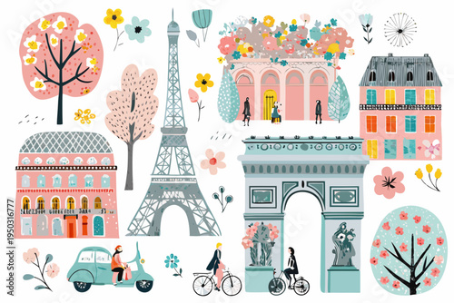 Parisian landmarks and floral elements in a whimsical illustrated style