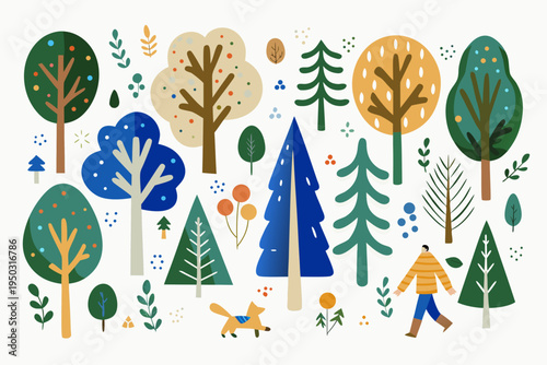 Stylized illustration of diverse trees a person and a dog in nature