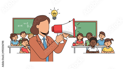 Amplifying Education: A teacher passionately uses a megaphone to convey knowledge, illuminating a classroom scene where eager students listen attentively.