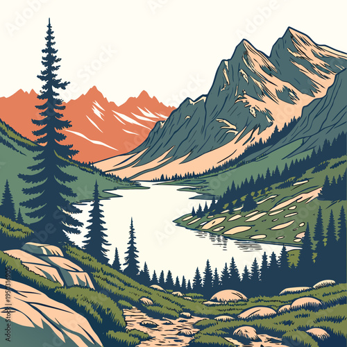 A mountain landscape with a lake and trees