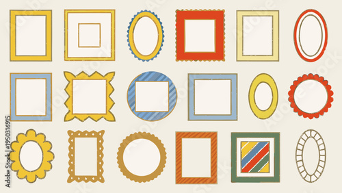 A colorful collection of various shaped and patterned picture frames