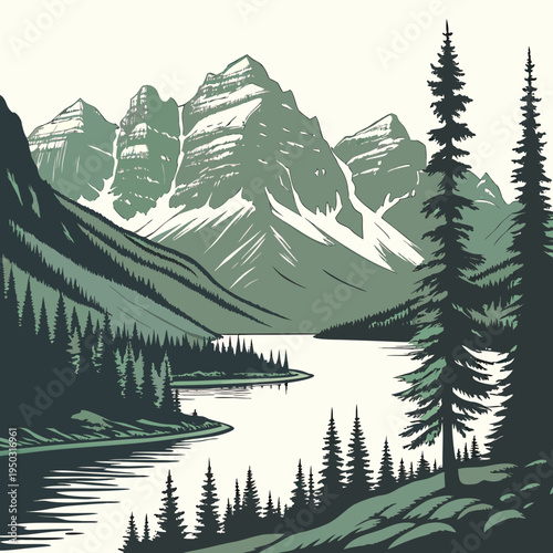 A serene mountain lake with trees and a majestic mountain range