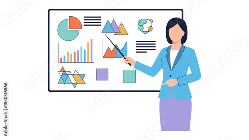 Presentation by a Business Woman: A dynamic illustration showing a woman delivering a presentation with a pointer, pointing out different data trends and insights from data charts. 