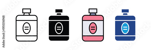 Household cleaning liquid bottle icon set. Plastic container for detergent, antiseptic solution, or cosmetic product symbols. Vector Illustration.