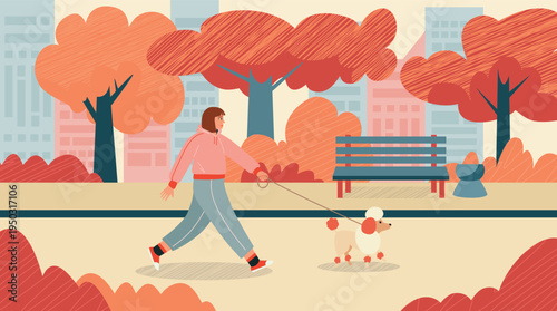 Young woman walking a dog in the autumn city park, girl with poodle on a leash outdoors, fall season city garden landscape