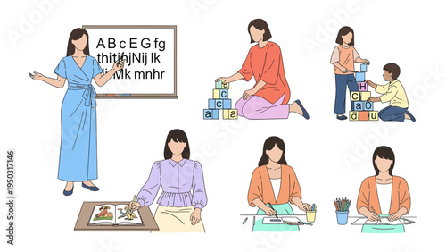 School and Playtime Moments: A compilation of moments captures a teacher engaged in the vital role of guiding children, with scenes from classroom instruction to collaborative building games.