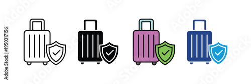 Luggage travel suitcase with security shield icon set. Travel insurance guarantee, safe baggage delivery, and trip protection symbols. Vector Illustration.