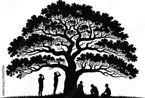 People resting under large tree silhouette nature relaxation outdoor gathering peaceful environment teamwork community illustration concept design
