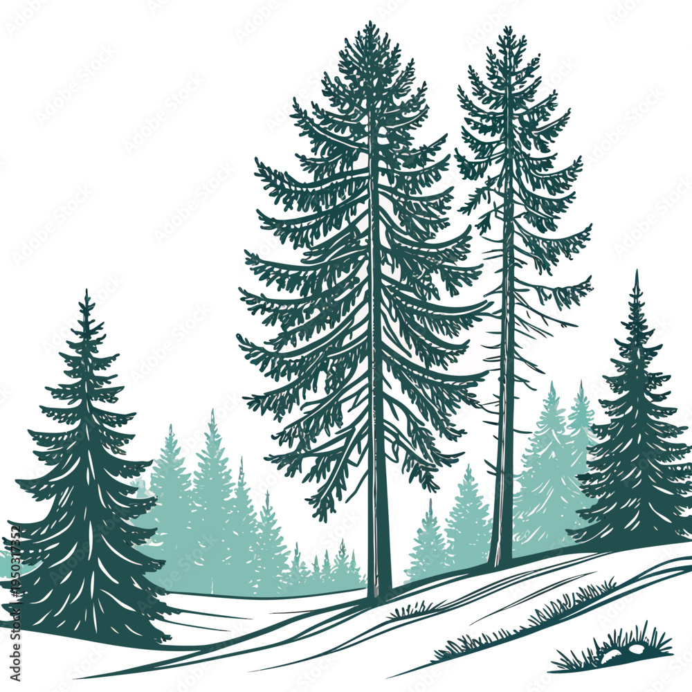 Obraz premium Tall pine trees on a snowy hill
