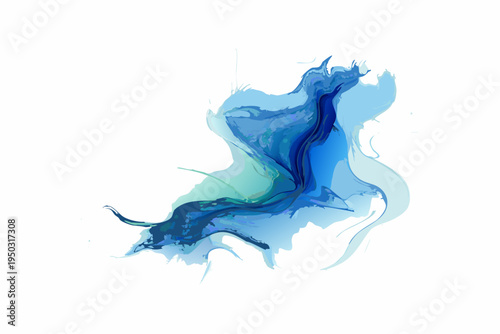 Abstract fluid art with swirling blues and greens on white background