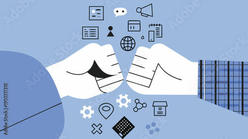 Hands almost touching surrounded by communication and technology icons