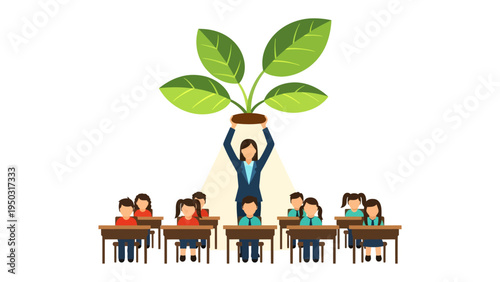 Nurturing Growth: A symbolic representation of education, where a teacher holds aloft a thriving plant, symbolizing the cultivation of knowledge and the growth of young minds.