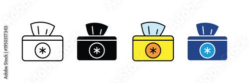 Tissue box dispenser icon set. Soft facial wipes, hygiene paper napkins, and antiseptic wet tissue pack symbols. Vector Illustration.